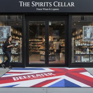 Esinduslik Beefeater logoga välilogovaip kaupluse sissepääsu ees