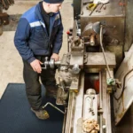 Tööline seismas Floorstudio mustal ohutusmatil suure tööstusliku treipingi taga