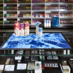 Sinine reklaammatt kaupluse letil toodete esitlemiseks