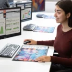 Logoga lauamatt kontorilaual koos töötajaga