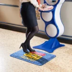 Ettevõtte logoga ergonoomiline disainmatt klienditeenindaja jalgade all