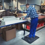 Ergonoomilised matid 48 Töömees sinistes tunkedes seismas mustal FloorStudio ergonoomilisel matil pakkimislaua taga laos