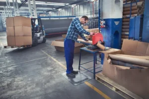 Tööline seismas mustal FloorStudio ergonoomilisel matil tööd tegemas